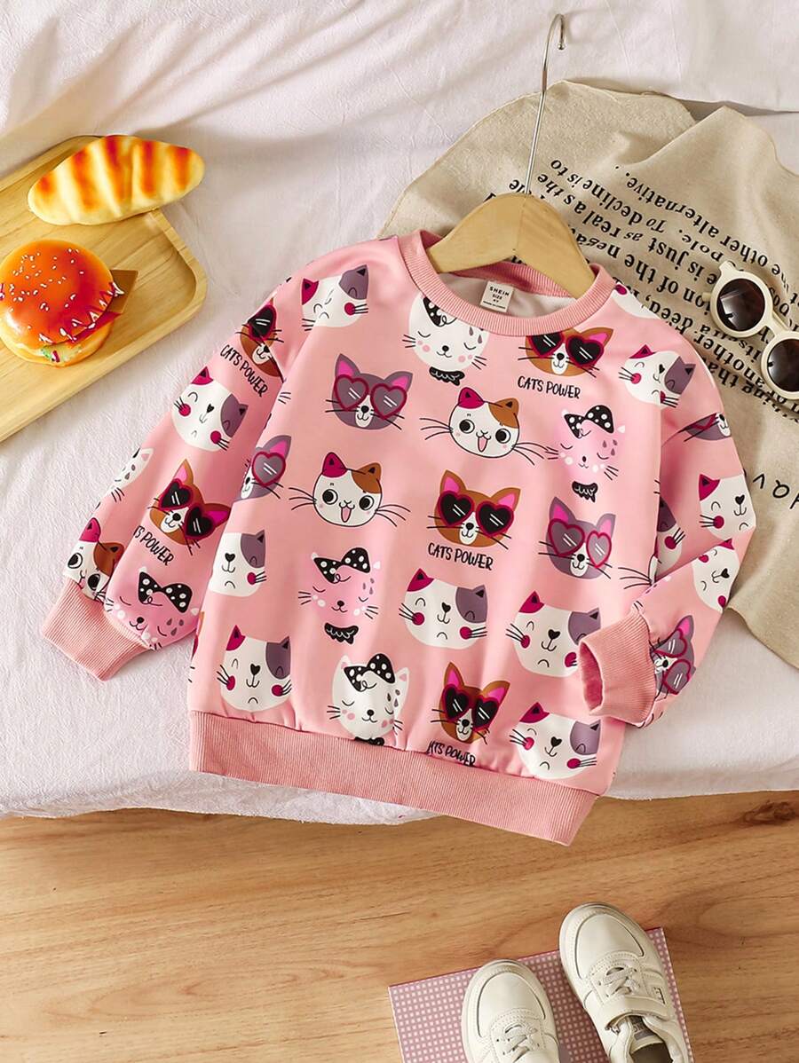 SHEIN Áo nỉ dệt kim cổ tròn rộng rãi thường ngày cho bé gái có họa tiết mèo dễ thương - Màu Khaki - Xem 1