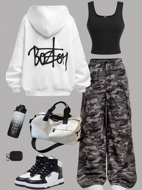 Girlism Teen Girls 3pcs/Set White Letter Knit Hoodie Sweatshirt, Black Tight Crop Top, Army Green Camouflage Print Cargo Pants, Casual Sports Outfit Graduation Outfit