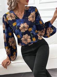 SHEIN Clasi Women's Elegant Floral Print Deep V-Neck Lantern Sleeve Loose Blouse