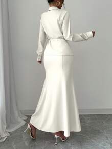 Elenzga 2pcs Set: Elegant Solid Color Tie-Up Wrap Waist Blouse & Mermaid Skirt - Apricot - View 2
