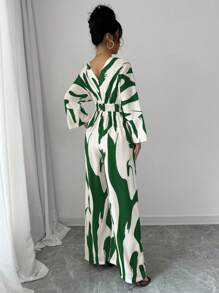 Calvaya Combinaison pour femme à imprimé noir et blanc asymétrique froncée, combinaison pour femme à taille haute et jambes larges, combinaison décontractée ample pour les femmes de tous les jours