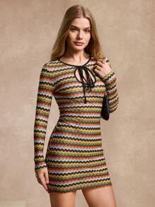 Calvaya Vestido ceñido de manga larga con escote de corbata geométrico y abertura, para mujer