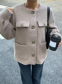 SHEIN Essnce Winter Women's Solid Color Style Blended Short Coat Single-Breasted Large Pocket Long-Sleeved Jacket Suitable For Daily Travel And Commuting