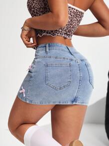 SHEIN PETITE Women's Denim Mini Skirt, Sexy Fitted Stretch Blue With Bow, Low Rise Skirt, Pink Bow Jeans Skirt, Holiday Women Outfits, Christmas Skirt, Holiday Outfits, Christmas Party Women Skirt