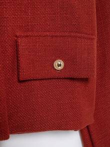 Áo khoác nữ TRAFZA thanh lịch, kiểu dáng thường ngày, chất liệu vải tweed, cổ tròn, tay dài, màu trơn, thích hợp cho mùa xuân. - Màu Đỏ Sâu - Xem 4