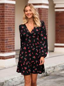 SHEIN VCAY Damen Herbst Kirschblüten bedrucktes V-Ausschnitt Laternenhülse modisches Mini-Kleid