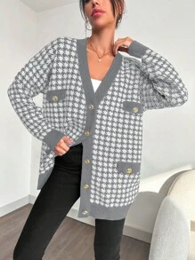 EURMUSE Women All-Over Print Front Button Color Blocking Long Sleeve Knit Cardigan - Light Grey - View 4