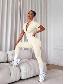 SHEIN Sports 女士纯色前拉链短袖休闲运动连体裤 - 奶油白 - 查看 2