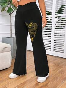 SHEIN EZwear 大码女式高腰龙日文文字印花十字设计喇叭腿紧身裤，适合春秋季节 - 黑色 - 查看 4