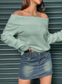 SHEIN Unity Casual Minimalist Off Shoulder Solid Color Sweater, Autumn/Winter Knit Pullover Fall - Green - View 4