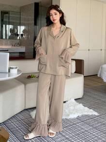 DAZY Satin Patchwork Ruffle Edge Wave Hem Button Front Shirt Tops And Pants Pajama Set Fall,Winter - Khaki - View 3