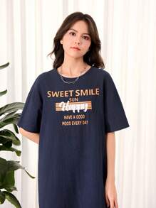 SHEIN Vestido midi de manga corta y corte holgado para adolescente con estampado de alfabeto azul - azul real - Ver 3