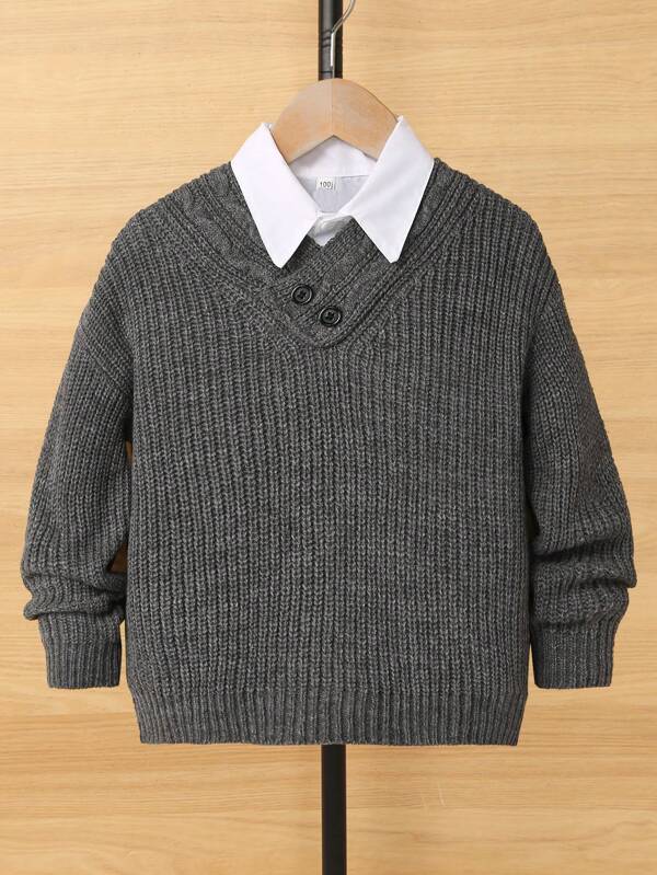 1 pièce Pull gris chaud, épais et doux avec un style jacquard polyvalent, confortable et tendance, adapté aux jeunes garçons pour le port quotidien, l'école, la sortie, les sports, l'automne/hiver