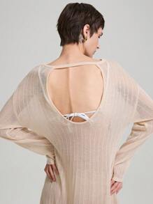 Ontre 半透明超长连衣裙，新年长袖连衣裙，法式长袖上衣，女士毛衣外套，节日装扮，杏色圆领半透明毛衣裙，超长高挑女装，露背长袖超长连衣裙，秋季女装 - 杏色 - 查看 3