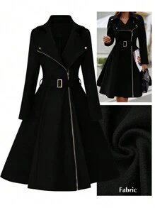 Rometta Plus Size Plain Zip-Up Waist Belt Long Sleeve Woolen Jacket, Suitable For Autumn & Winter Fall Cloth For Women - Black - View 1