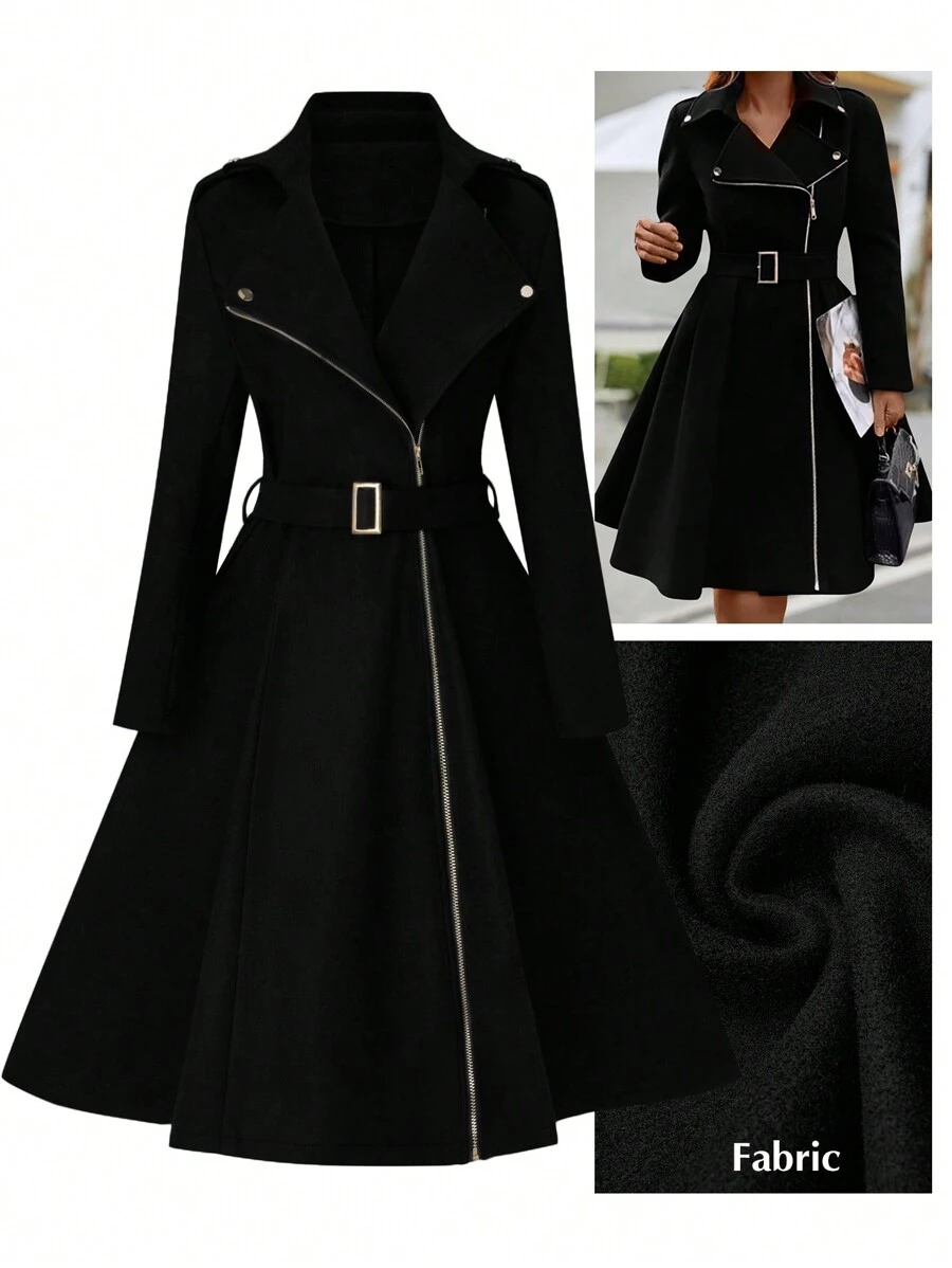 Rometta Plus Size Plain Zip-Up Waist Belt Long Sleeve Woolen Jacket, Suitable For Autumn & Winter Fall Cloth For Women - Black - View 1