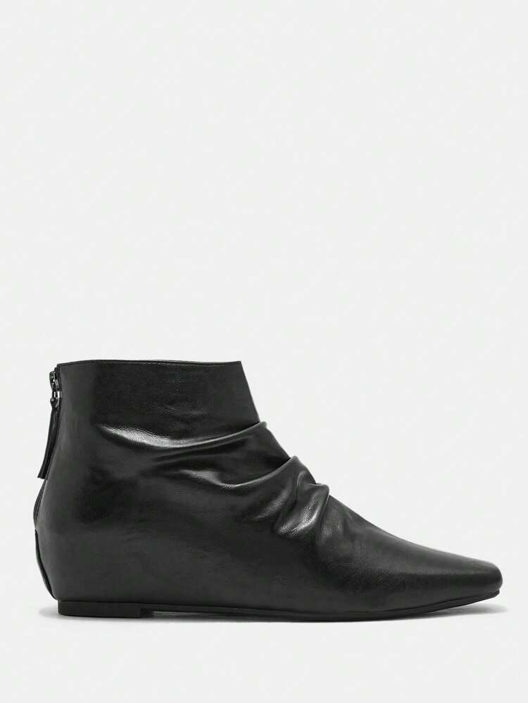CUCCOO BIZCHIC Classic Black Ankle Boots With Hidden Wedge Heel, Wrinkled Design, Back Zipper, Slimming And Versatile Valentine's Day
