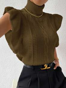 Chiquease Women's Classic Solid Color Mock Neck Short Cap Sleeve Casual Sweater Vest, Autumn/Winter - Army Green - View 1