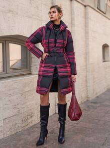 RueChic All Over Check Printed, Elsaticated Belted Long Line Puffer Winter Coat - Multicolor - View 6