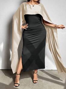 SHEIN Unity Plus Size Women Color Block Splice Contrast Color Casual Dress Maxi Women Outfit - Khaki - View 6