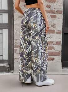 INAWLY Pantalones largos con estampado de plantas y cintura con cordón para mujer - Multicolor - Ver 2