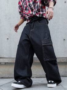 Manfinity EMRG Pantalones casuales con tirantes de tela vaquera y estampado, minimalistas y de moda para uso diario