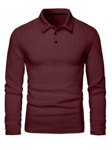 Manfinity Homme 男士提花面料纽扣门襟长袖 Polo 衫，春秋，白色纽扣男士 Polo 衫 - 酒紅色 - 查看 3