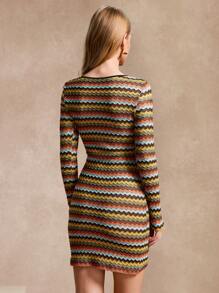 Calvaya Vestido ceñido de manga larga con escote de corbata geométrico y abertura, para mujer