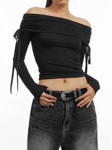 INAWLY Damen Einfarbiges Off-Shoulder Langarm Minimalistisches Lässig Top - Schwarz - Übersicht 1