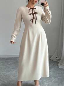 Elenzga Damen Große Größen lässiges einfarbiges Kleid mit kontrastfarbiger Schleife an der Taille und ausgestelltem Rock, geeignet für den Arbeitsweg, Lässig & Urlaub, Frühling & Herbst Maxikleid - Aprikosenfarben - Übersicht 1