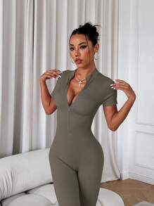 Slayoga Women's Solid Color Front Zipper Short Sleeve Casual Sport Jumpsuit