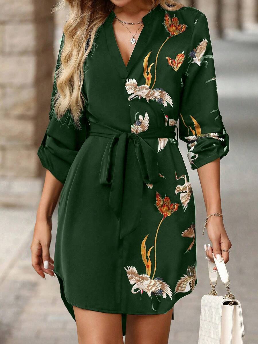 Solivie 女士拼色腰带 V 领图案印花卷袖连衣裙，优雅 - 墨綠色 - 查看 1