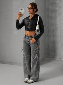 SHEIN ICON Women's Pocket Eye-Catching Tie-Up Wide Leg Loose Casual Versatile Jeans - Black - View 4