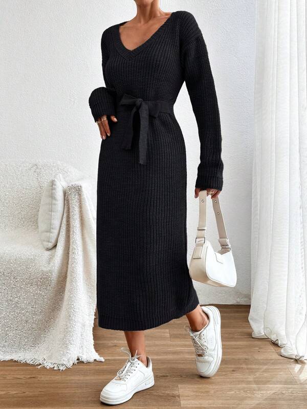 EURMUSE Cotton V-Neck Tie-Waist Design Medium-Length Bodycon Women Sweater Dress
