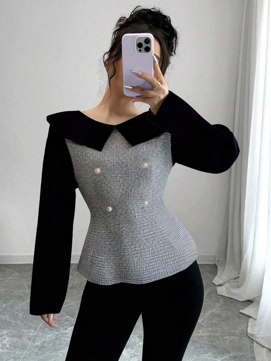 SHEIN Unity 女式拼色彼得潘领格子印花优雅长袖衬衫 - 黑色 - 查看 1