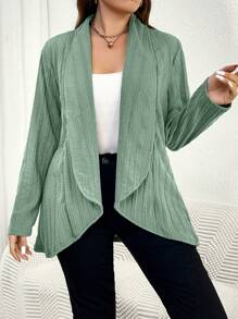 SHEIN Essnce Women Plus Size Open Front Textured Fabric Green Coat - Green - View 4