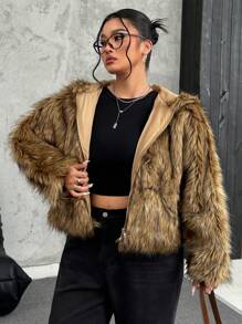 SHEIN EZwear Quần short cạp rộng có mũ trùm đầu cỡ lớn, phong cách cổ điển cho mùa thu/đông - màu nâu - Xem 6
