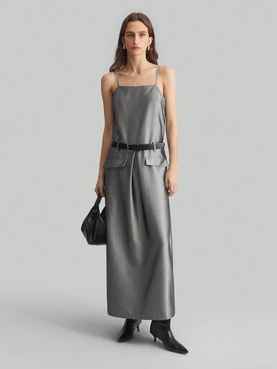 Ladies Grey Sleeveless Striped Casual/Business Dress, New Spring/Summer 2025 Collection