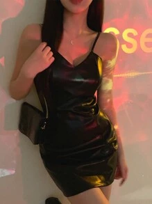 DAZY Vestido mini de tirantes de unicolor de moda para mujer, vestido de fiesta, vestido de club, vestido de graduación, vestido sexy, Año Nuevo, Carnaval - Negro - Ver 6