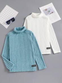 SHEIN 2pcs Tween Boy Letter Patched Detail Turtleneck Ribbed Tee - Multicolor - View 1