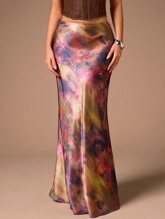 Glamine Women Elegant Versatile A-Line Midi Skirt With Dot Print Maxi Satin Women