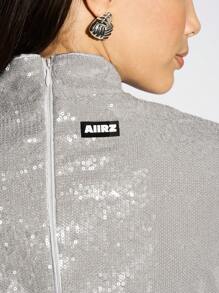 AiiRZ Shimmer High Neck Mock Ruched Short Sleeve T-Shirt Evening Party Cocktail Holiday Glitter Top Spring Summer Occasion Wear