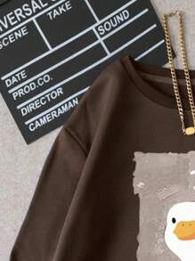 Tween Girl Casual Cartoon Duck Graphic Crew Neck Sweatshirt, Autumn/Winter - Brown - View 3