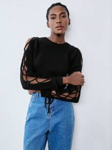 Lumivelle Black Sleeve Decor Pullover Sweater, Autumn/Winter