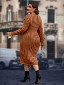 SHEIN Clasi Plus Size Solid Color Crew Neck Twist Pattern Casual Everyday Long Sleeve Sweater Dress