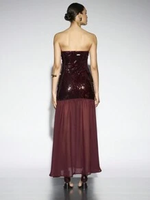 AiiRZ Sequin Bandeau Sheer Ruffle Hem Maxi Dress - Burgundy - View 2