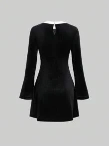 Sweetra Women's Black Velvet Color Block Bowknot Waisted Mini Dress, Fashion Elegant Slim Fit Short Luxurious Party Dress