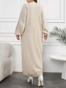 EURMUSE Casual Rib Knit Maxi Long Sleeve Crew Neck Sweater Dress - Beige - View 2