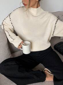 SHEIN Frenchy Women Solid Colour Color Block With Leopard Print Trim Trim Stand Collar Long Sleeve Warm Brushed Pullover Sweaters, Autumn/Winter New Arrival,Commute Daily Wear,Ins Blogger Outfits Minimalist,Suitable For Spring, Winter And Autumn