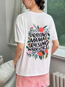 SHEIN EZwear 休闲圆领花卉妈妈战士口号 T 恤图案 T 恤女式上衣 - 白色 - 查看 2